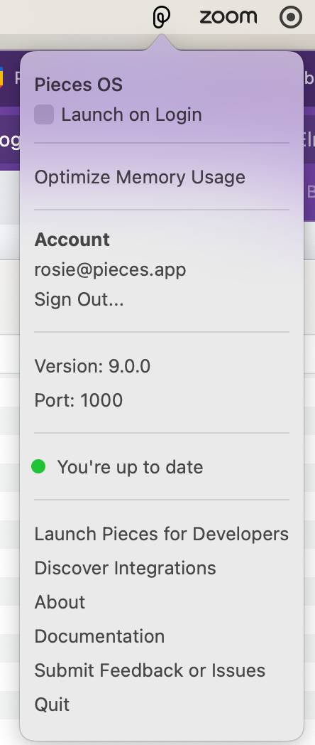 Pieces OS icon in menu bar